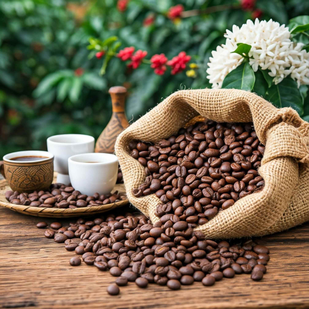Italian roasted coffee beans spilling from burlap bag