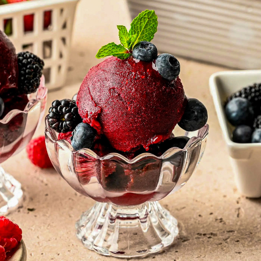 Berry artisan gelato in glass dessert coupe