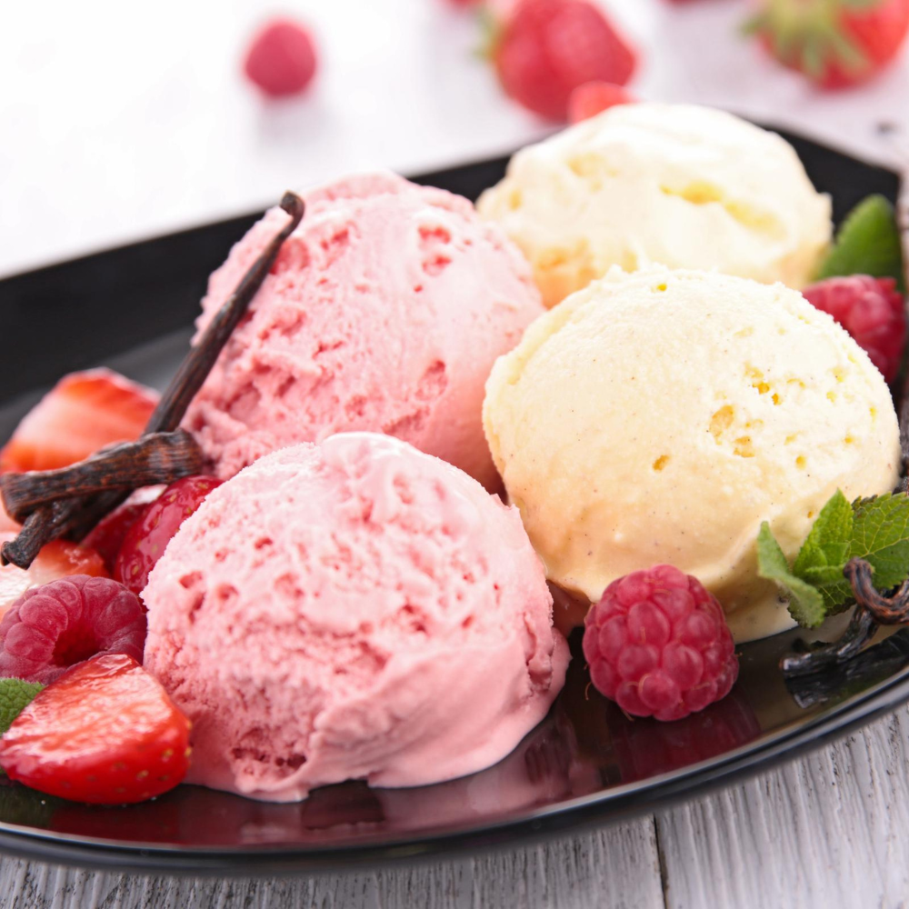 Gourmet Italian ice cream scoops with fruit