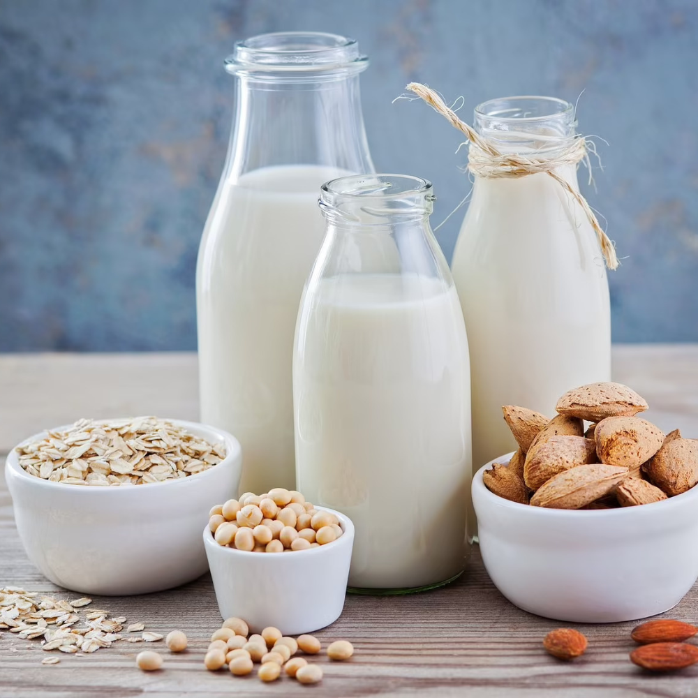 Plant-based milk alternatives, oat and almond drinks